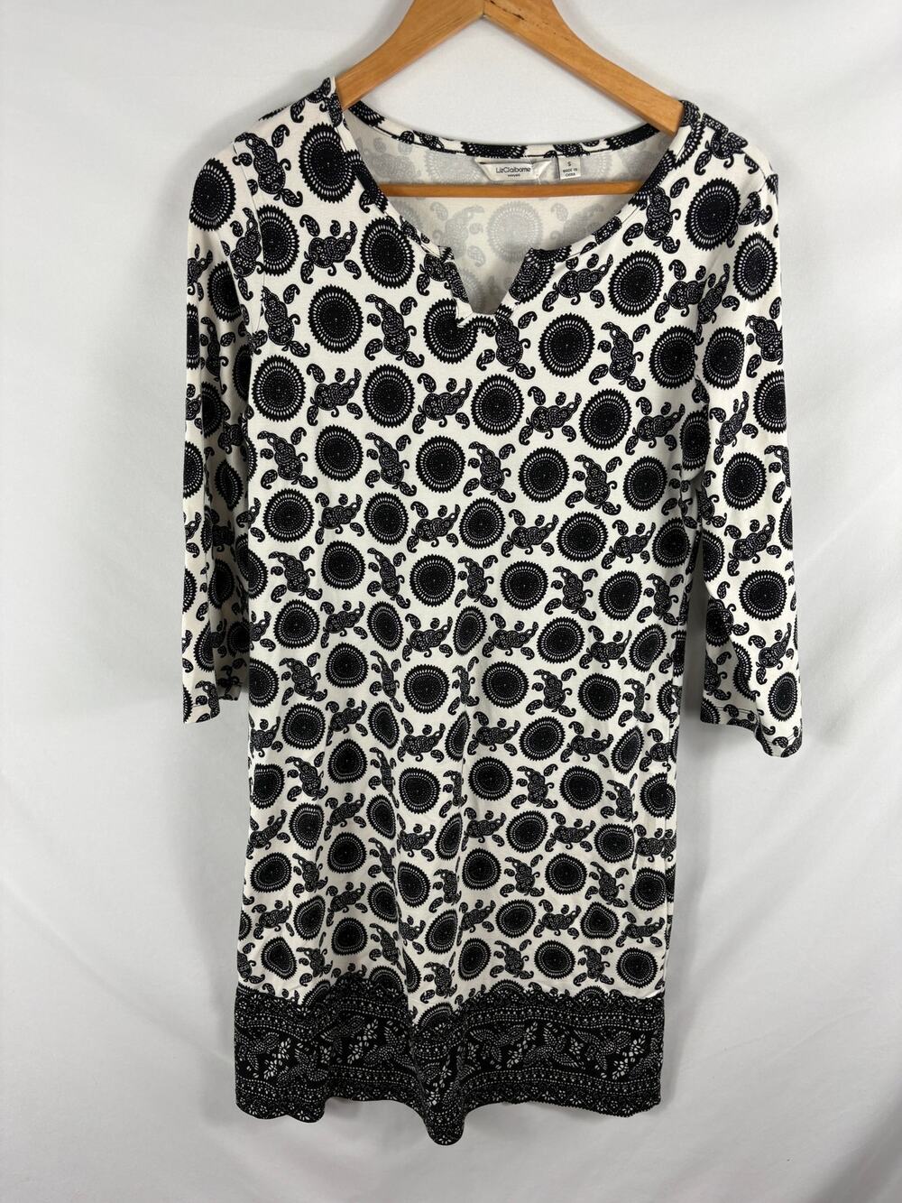 Liz Claiborne Black White Patterned V Neck Shift Dress Size Small
